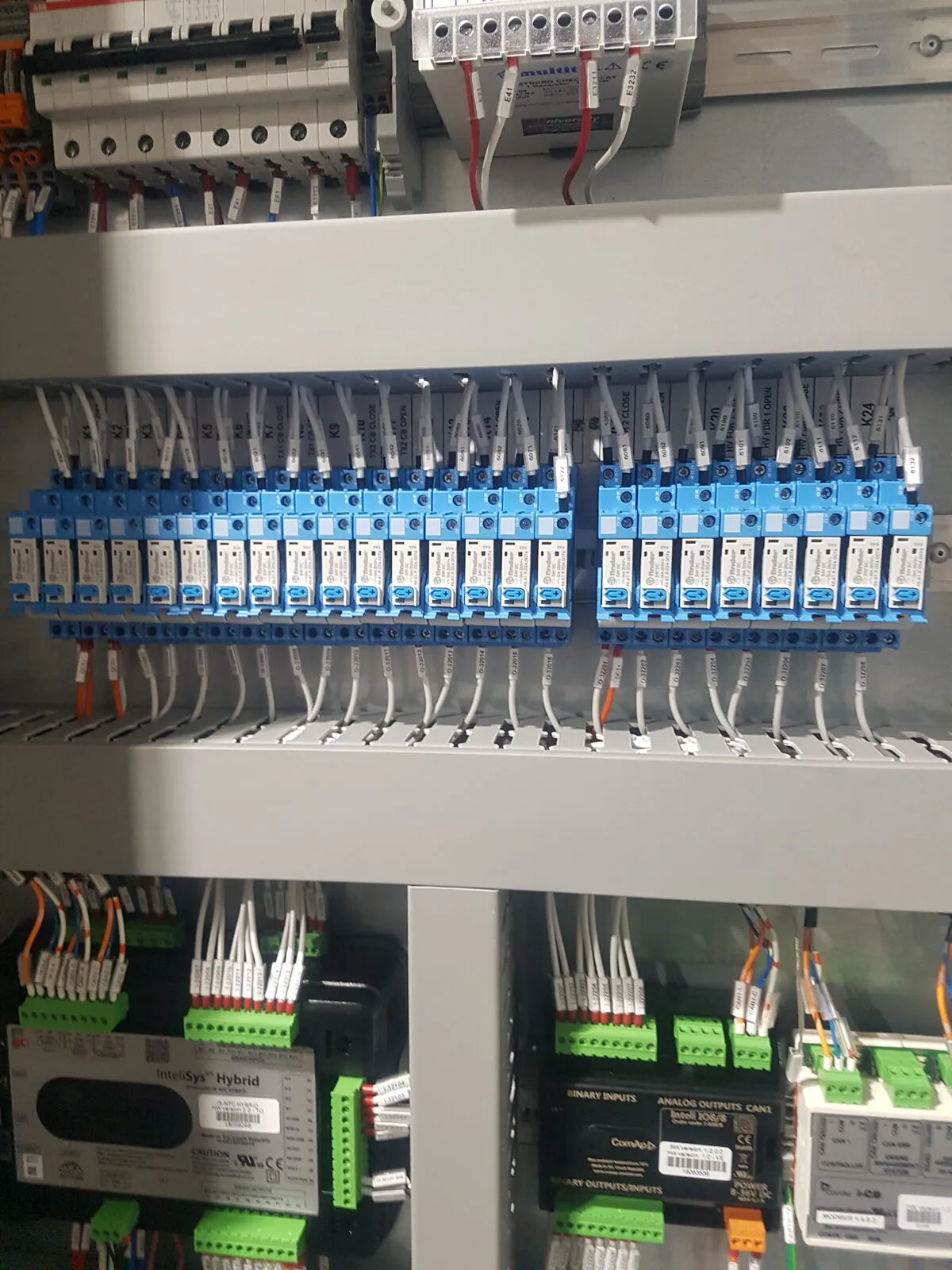 Close-up of terminal blocks and I/O modules in an industrial control panel