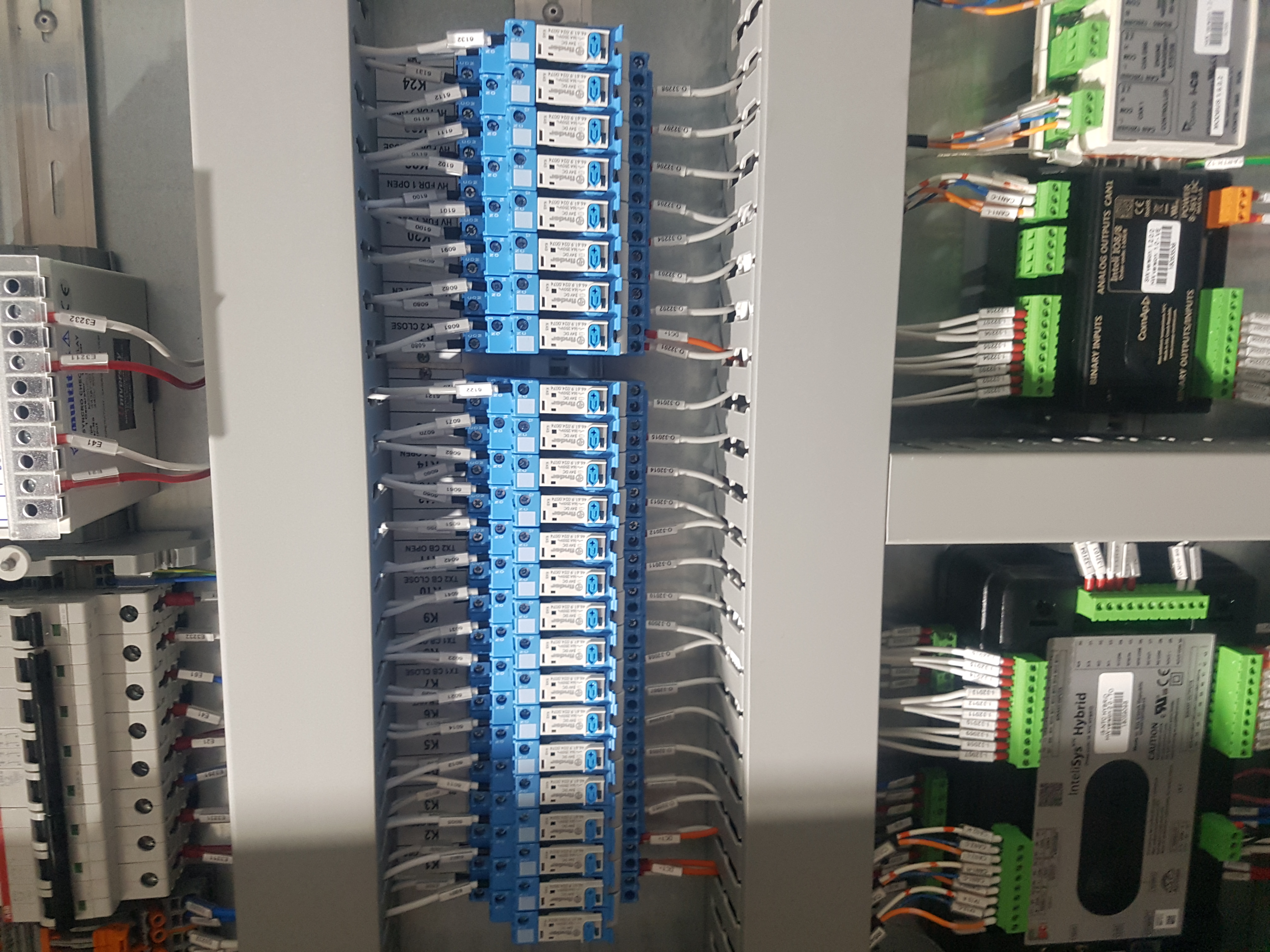 Close-up of terminal blocks and I/O modules in an industrial control panel